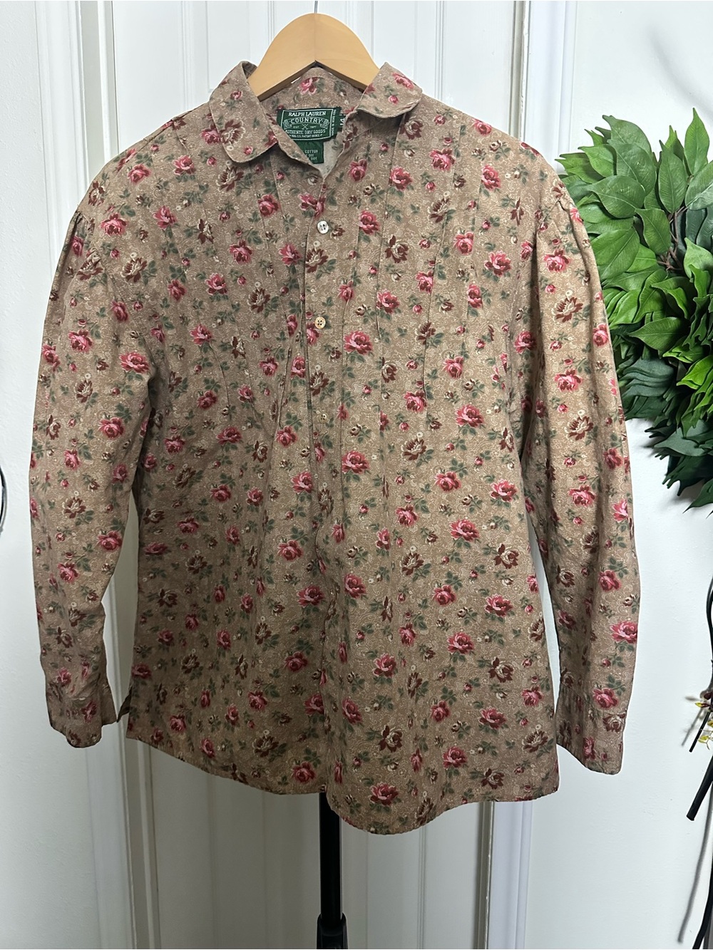 Ralph Lauren Beige Floral Button-Down Shirt with Pink Roses